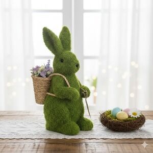 Gardeners Eden Moss Covered Bunny Rabbit with Flower Basket Easter Decor Green